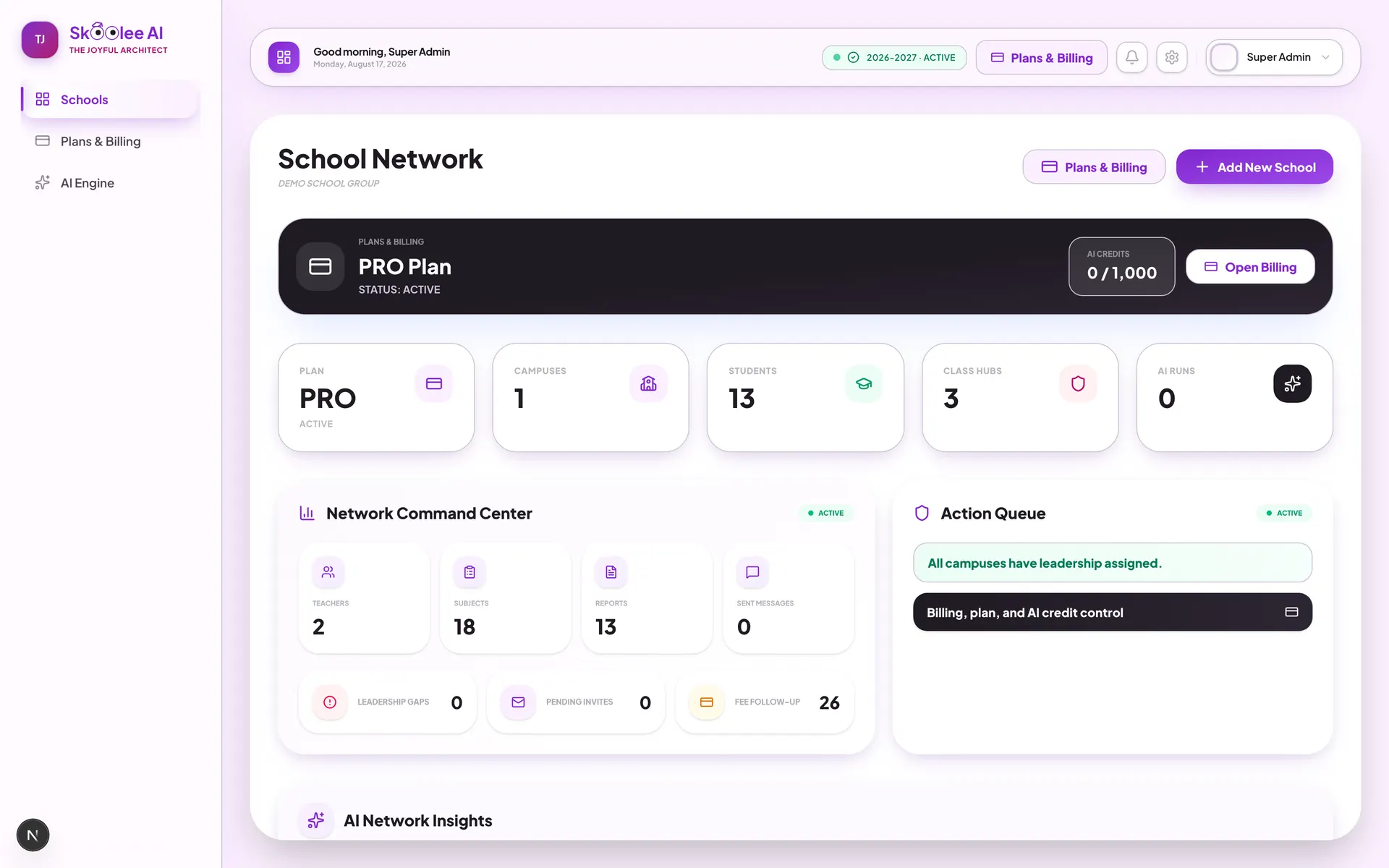 SKooLEE AI super admin network dashboard